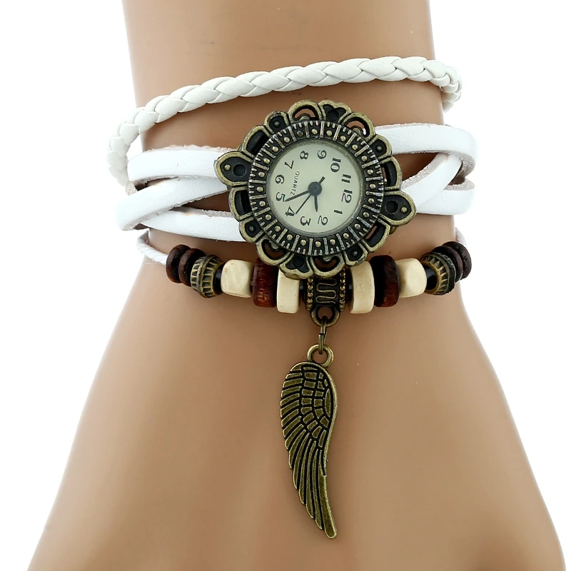 

Gnova Platinum TOP Genuine Leather Angel Wing Watch women indian charm Bracelet wristwatch indie band School Student A886