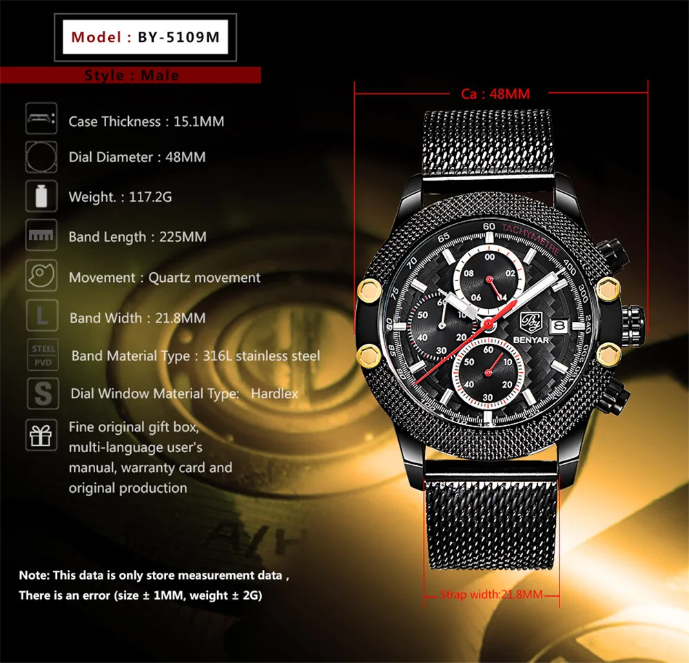 BENYAR Sport Watch Man Chronograph Fashion Watches Men Mesh Band Waterproof Luxury Brand Quartz Designer Watch Gold Saat 2020
BENYAR Sport Watch Man Chronograph Fashion Watches Men Mesh Band Waterproof Luxury Brand Quartz Designer Watch Gold Saat 2020