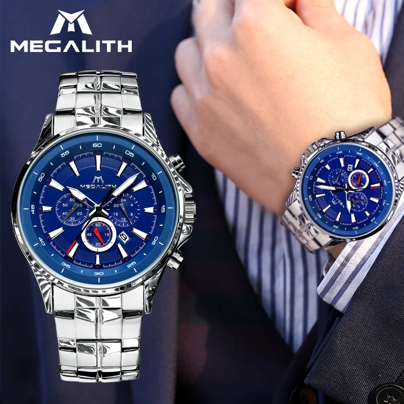 MEGALITH 2019 кварцевые часы мужские серебряные из нержавеющей стали классические