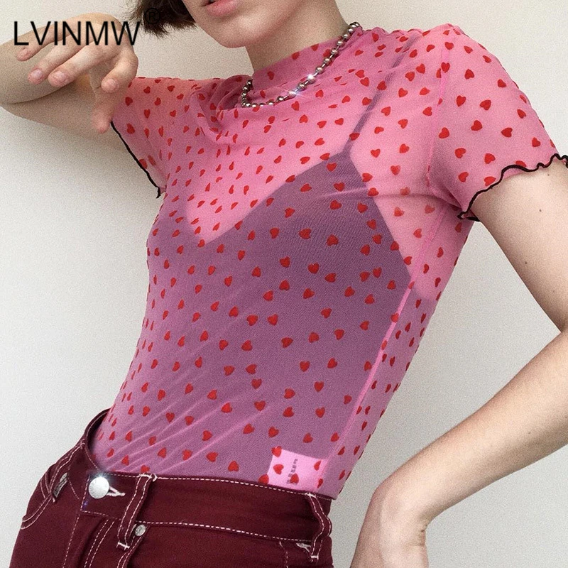 Фото Женская футболка с круглым вырезом LVINMW розовая сетчатая Прозрачная Футболка(China)