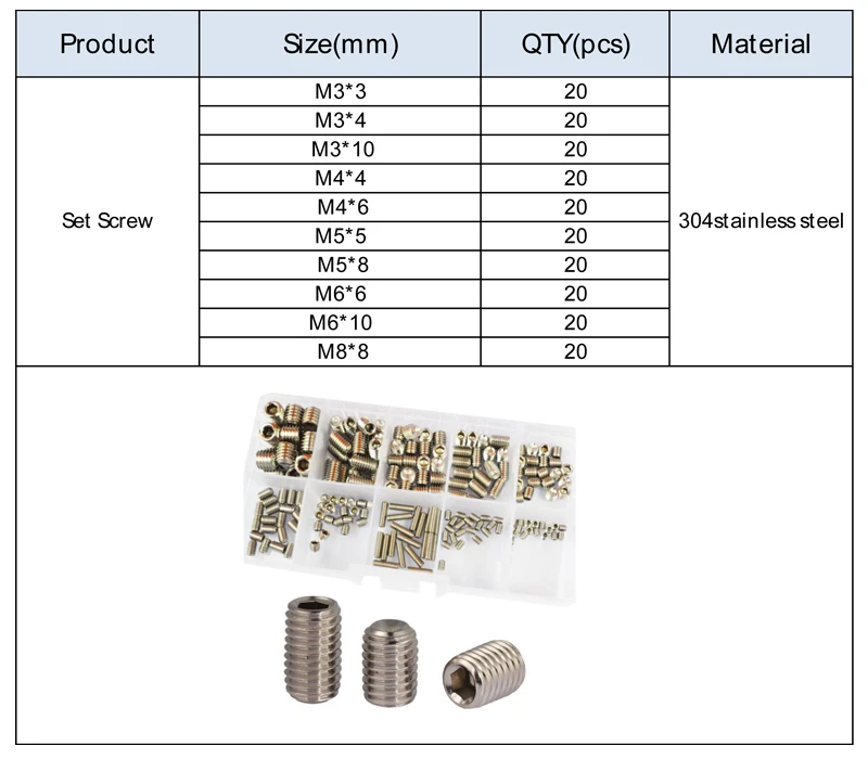 304Stainless Steel Set Grub Metric Headless Screw M3 M4 M5 M6 M8 Hex Allen Socket Head Screw Bolt Assrotment Kit 200Pcs
304Stainless Steel Set Grub Metric Headless Screw M3 M4 M5 M6 M8 Hex Allen Socket Head Screw Bolt Assrotment Kit 200Pcs