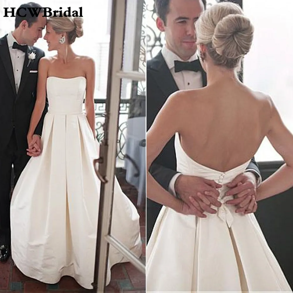 Cheap White Satin Wedding Dress Strapless A Line Floor Length Backless Sexy Bridal Dresses Custom Made Robe De Mariee
Cheap White Satin Wedding Dress Strapless A Line Floor Length Backless Sexy Bridal Dresses Custom Made Robe De Mariee