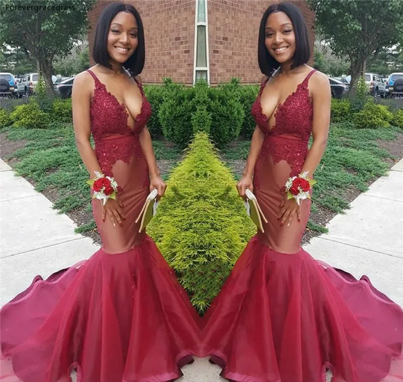 

South African Black Girls Long Prom Dress 2019 Sexy Cheap Burgundy V Neck Holidays Graduation Wear Evening Party Gown Plus Size