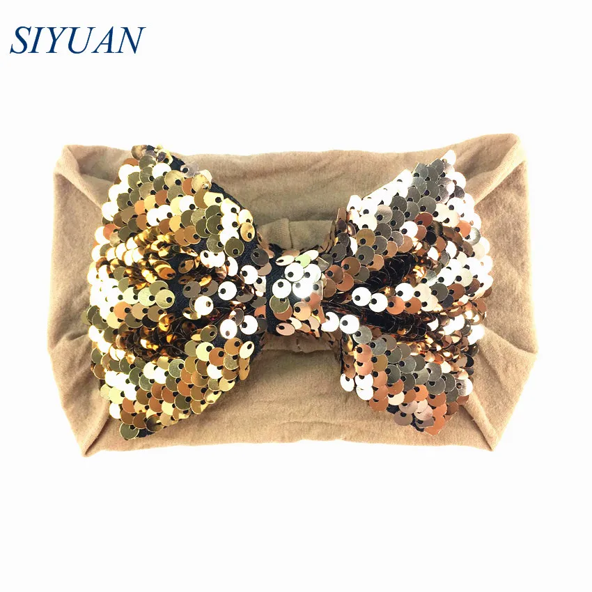 1pcs/lot 4 inch Reversible Sequin Bow Knot Headband Wide Nylon Hairband Kids Lovely Headwear Bright Colors Photo Props HB086 | Аксессуары