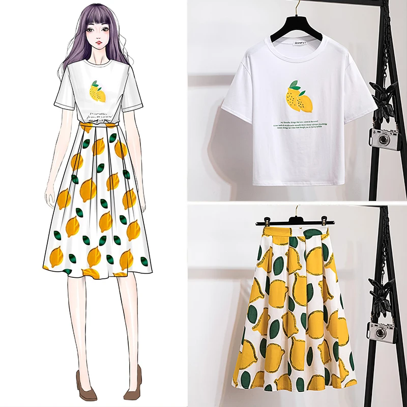 2020 Summer Women Short Sleeves lemon Print T-shirt + A Line Skirt 2 pcs sets Female Holiday Suits A1443
2020 Summer Women Short Sleeves lemon Print T-shirt + A Line Skirt 2 pcs sets Female Holiday Suits A1443
