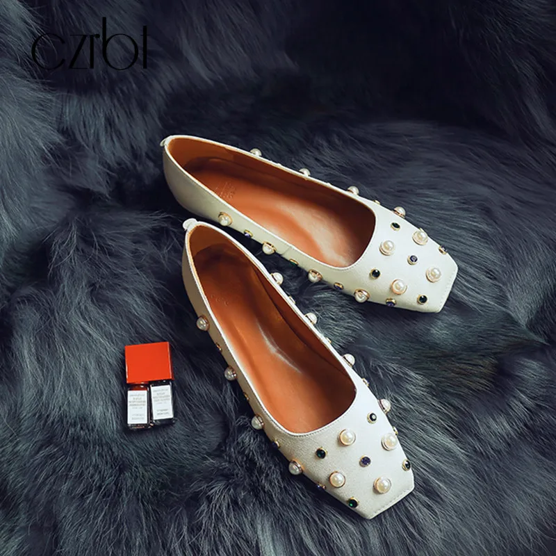 CZRBT Spring Autumn Woman Flats Shoes Casual Loafers Slip On Women Square Toe Pearl Genuine Leather Ladies | Обувь