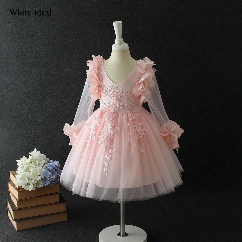 Flower Girl Dress Pink Tulle Long Sleeve Princess for Party Elegant Communion Dresses Teenager | Свадьбы и торжества