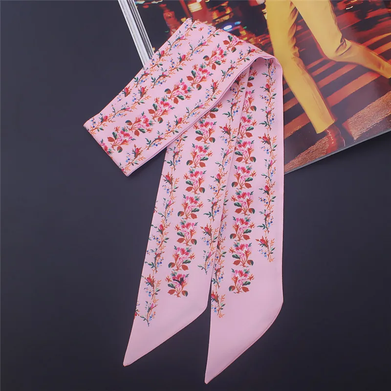 

POBING Cute Floral Print Twill Silk Scarf Women Head Scarf Brand Small Tie Handle Bag Ribbon Long Scarves Female Wraps 100*5CM