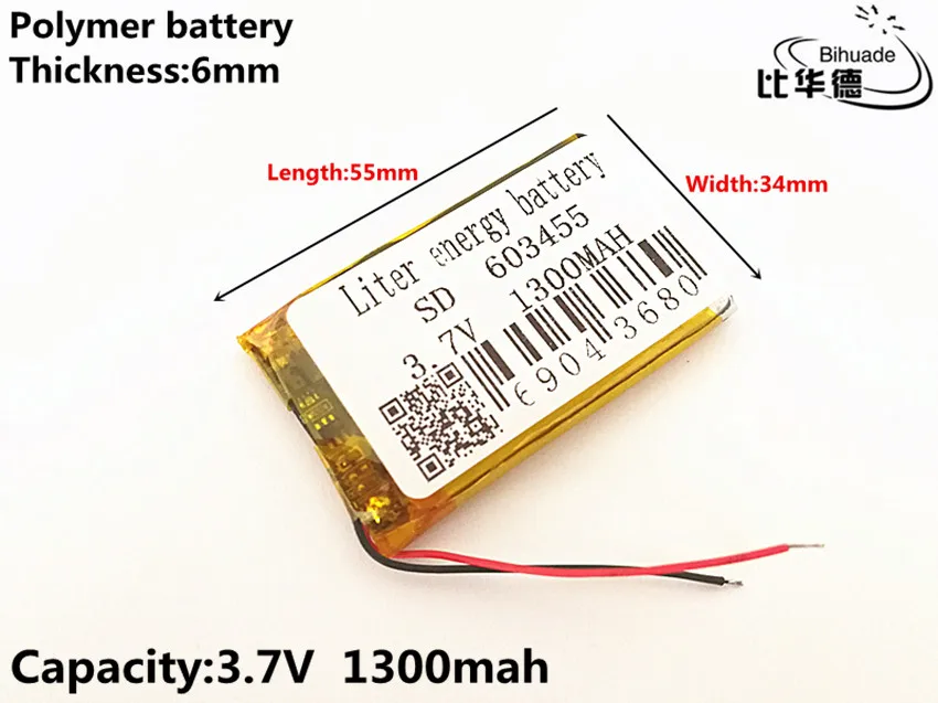 1pcs/lot 3.7V,1300mAH,603455 Polymer lithium ion / Li-ion battery for TOY,POWER BANK,GPS,mp3,mp4
1pcs/lot 3.7V,1300mAH,603455 Polymer lithium ion / Li-ion battery for TOY,POWER BANK,GPS,mp3,mp4