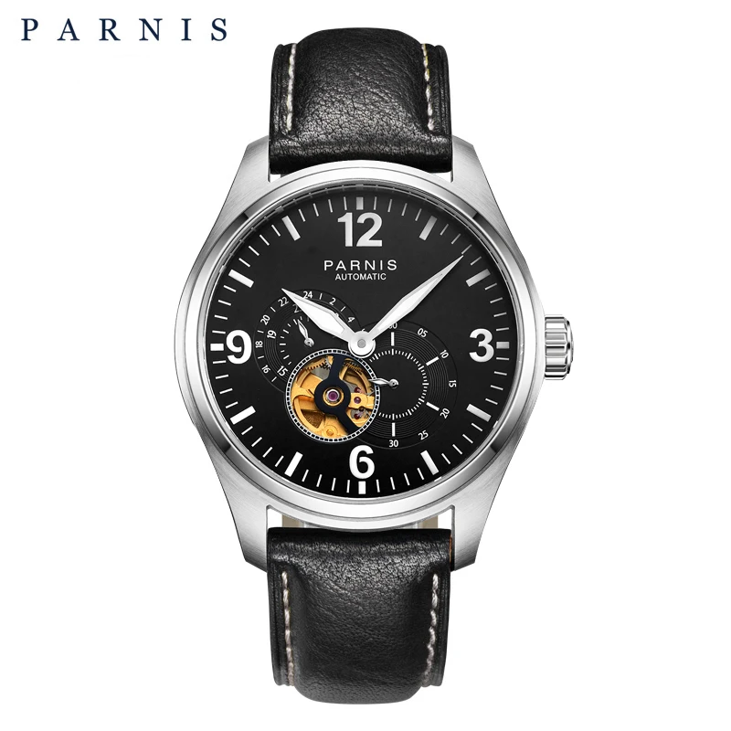 

Мужские механические наручные часы Parnis, Серебристые часы 44 мм, светящиеся Автоматические наручные часы с кожаным ремешком, роскошный бренд 2022, с коробкой в подарок