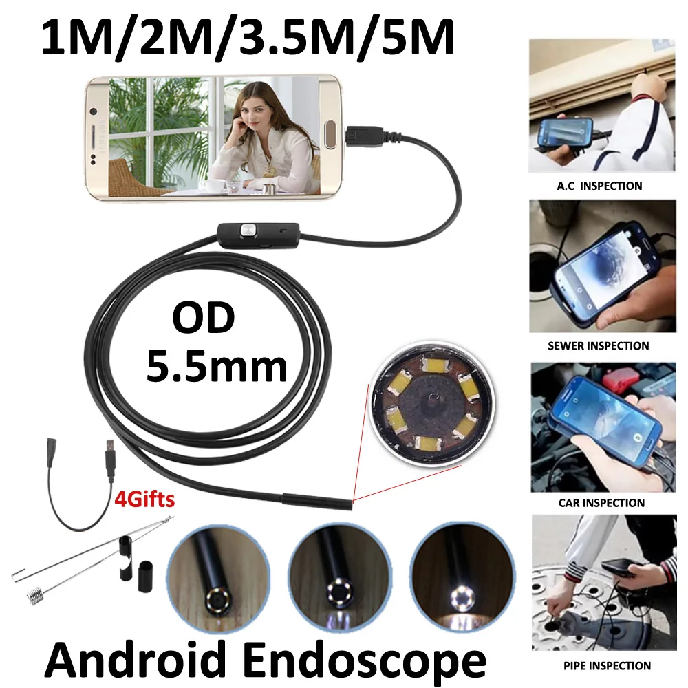 5 мм эндоскоп объектива микро USB Android OTG 1м 2м 3 м Водонепроницаемая android usb камера для