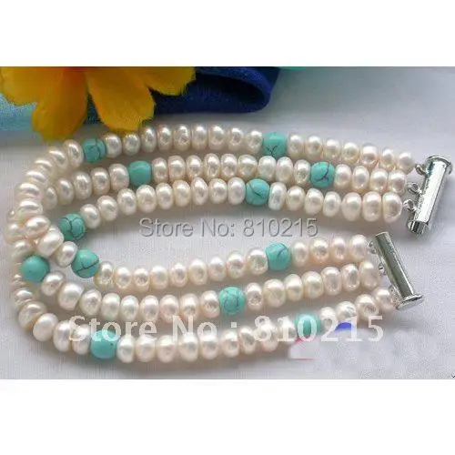 Pearl Jewelry 3Row AA 7-8MM Rondelle White Freshwater Pearl Blue Turquoise Beads Bracelet Wholesale New Free Shipping
Pearl Jewelry 3Row AA 7-8MM Rondelle White Freshwater Pearl Blue Turquoise Beads Bracelet Wholesale New Free Shipping