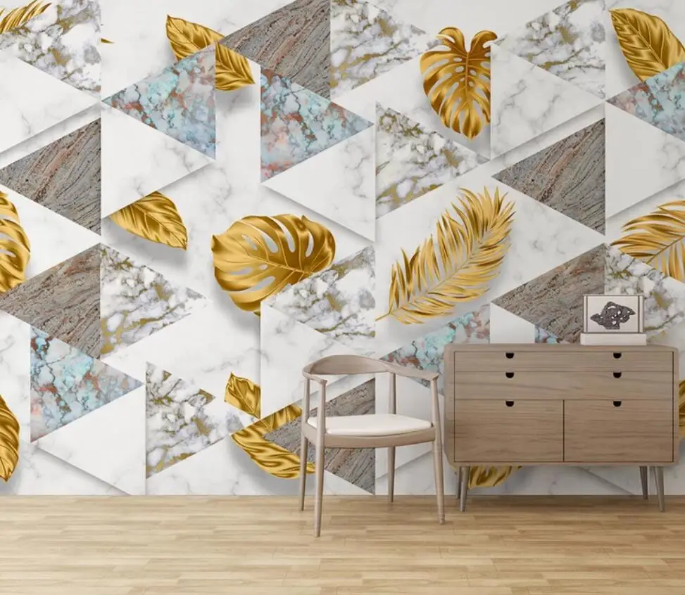 Contemporary and contracted boreal Europe is tropical plant aureate leaf geometrical TV setting wall decorates wallpaper mural |