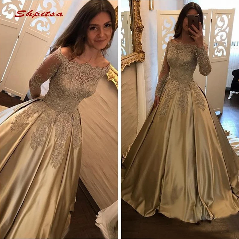 Gold Long Sleeve Lace Evening Dresses Party Satin Ball Gown Plus Size Ladies Women Formal Dresses Evening Gown
Gold Long Sleeve Lace Evening Dresses Party Satin Ball Gown Plus Size Ladies Women Formal Dresses Evening Gown