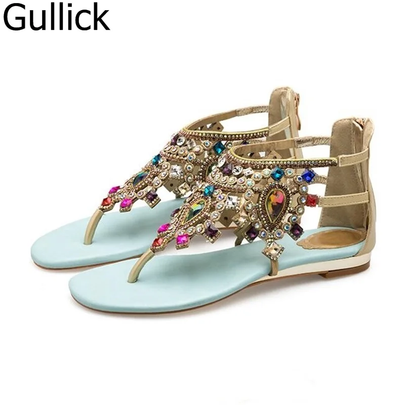 Woman Blue Color Rhinestones Studded Gladiator Flat Shoe Summer Fashion Back Zipper Hollow Out Sandals Crystal Decoration
Woman Blue Color Rhinestones Studded Gladiator Flat Shoe Summer Fashion Back Zipper Hollow Out Sandals Crystal Decoration