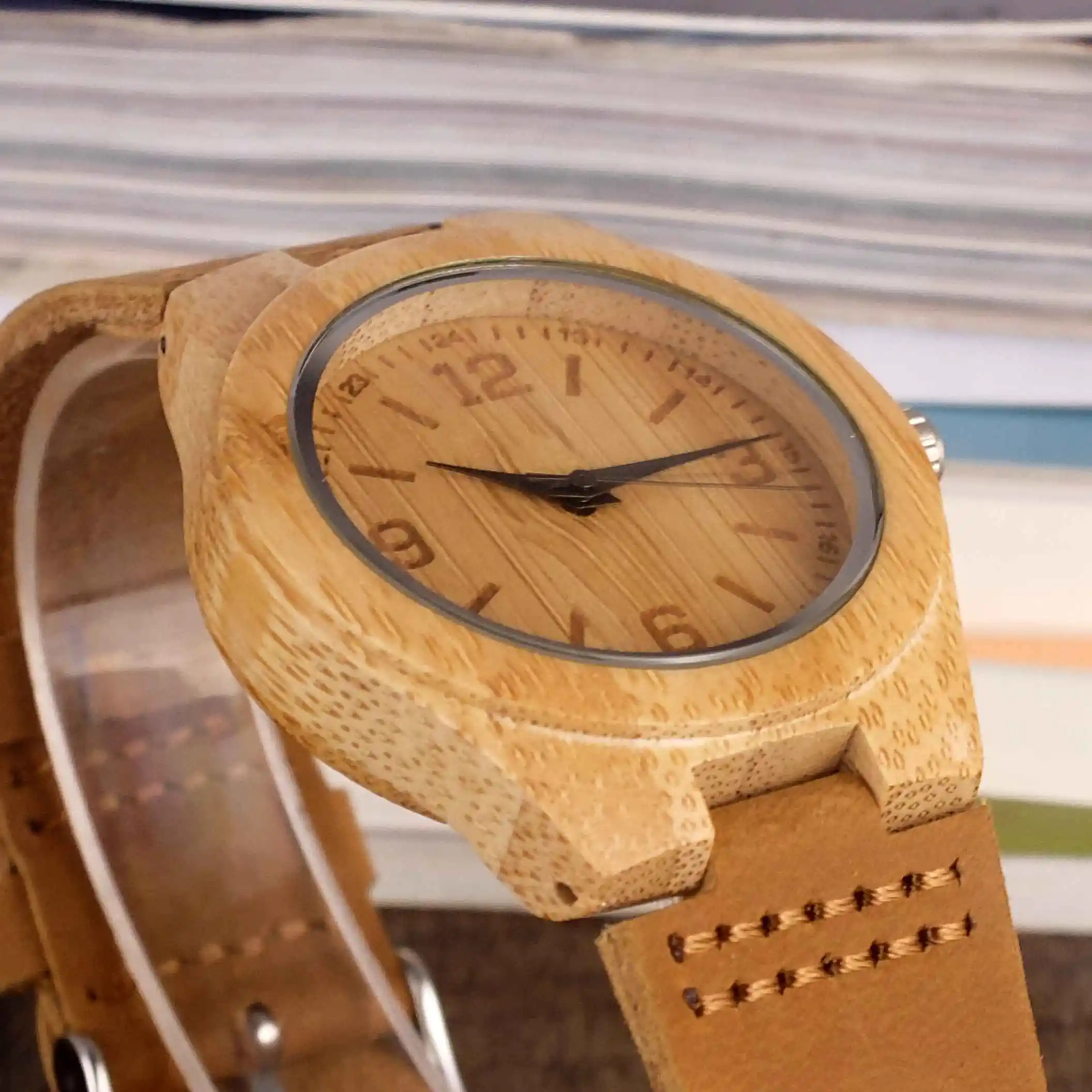 Модные женские кожаные бамбуковые деревянные часы с коричневым Geunine Ремешки для