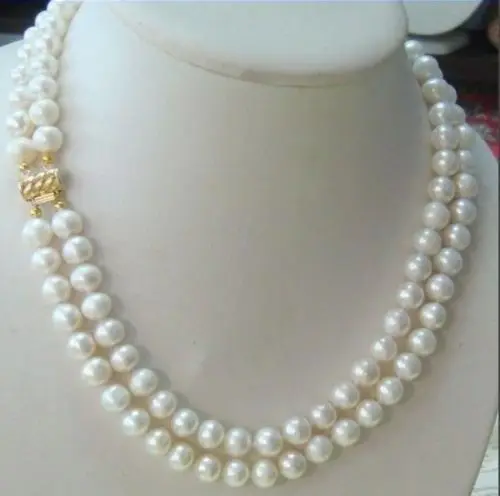 

FREE SHIPPING@@ Hot sale new Style hot-2-row-9-10MM-AKOYA-REAL-WHITE-PEARL-NECKLACE-Clasp