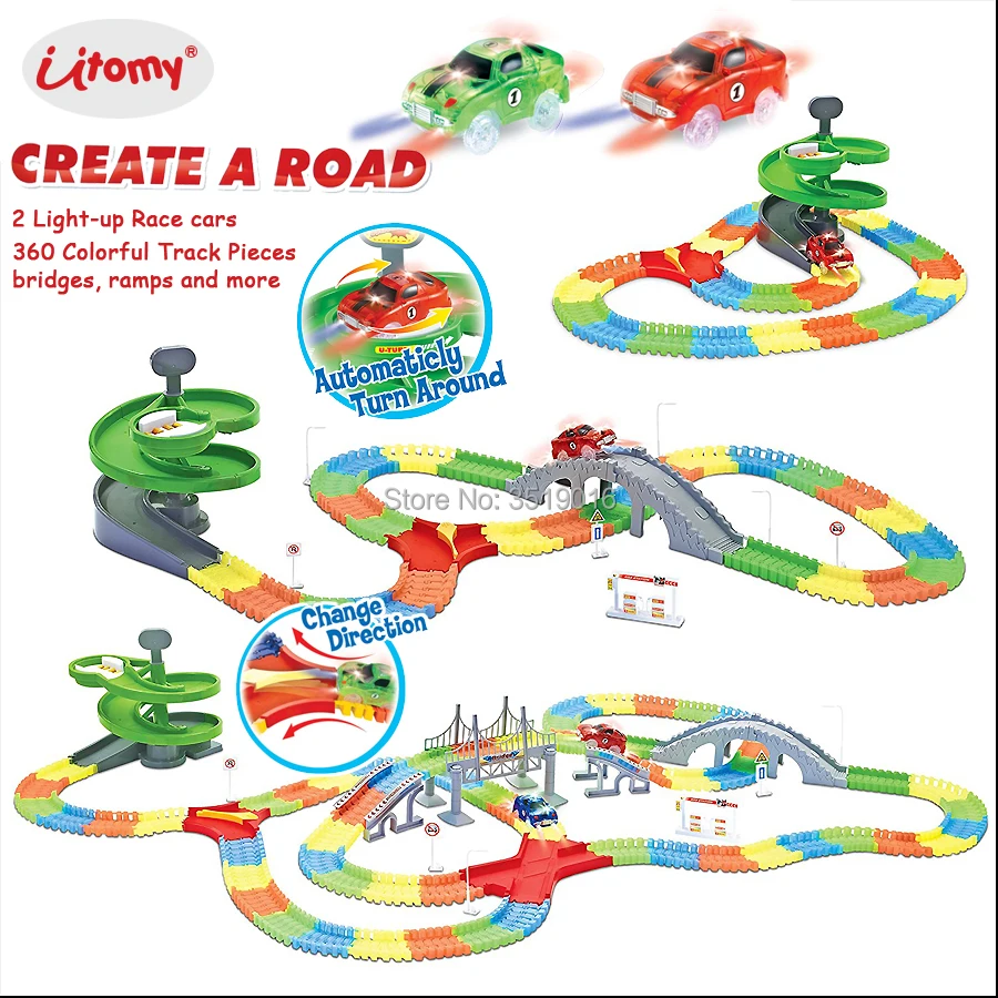 Deluxe glowing in the dark Racing Set 360PCS Flexible tracks,1 Rotary Table,2 Electric Light Up Cars,bridges,ramps and more
Deluxe glowing in the dark Racing Set 360PCS Flexible tracks,1 Rotary Table,2 Electric Light Up Cars,bridges,ramps and more