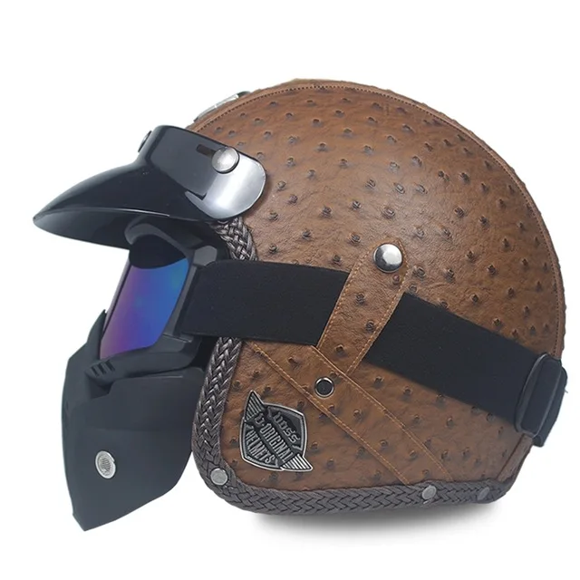 Мотоциклетный шлем с открытым лицом винтажный из синтетической кожи в стиле