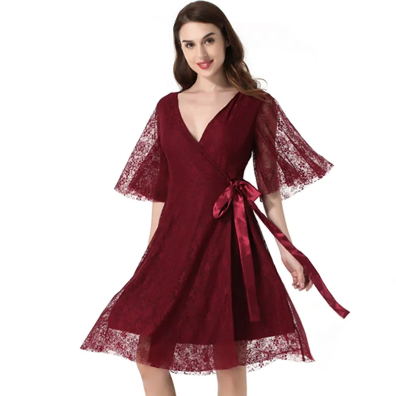 Fashion Women Lace Splice dress Sexy Deep V Neck Cardigan dress Elegant Five sleeves Pure color 2018 new belt Dress 694
Fashion Women Lace Splice dress Sexy Deep V Neck Cardigan dress Elegant Five sleeves Pure color 2018 new belt Dress 694