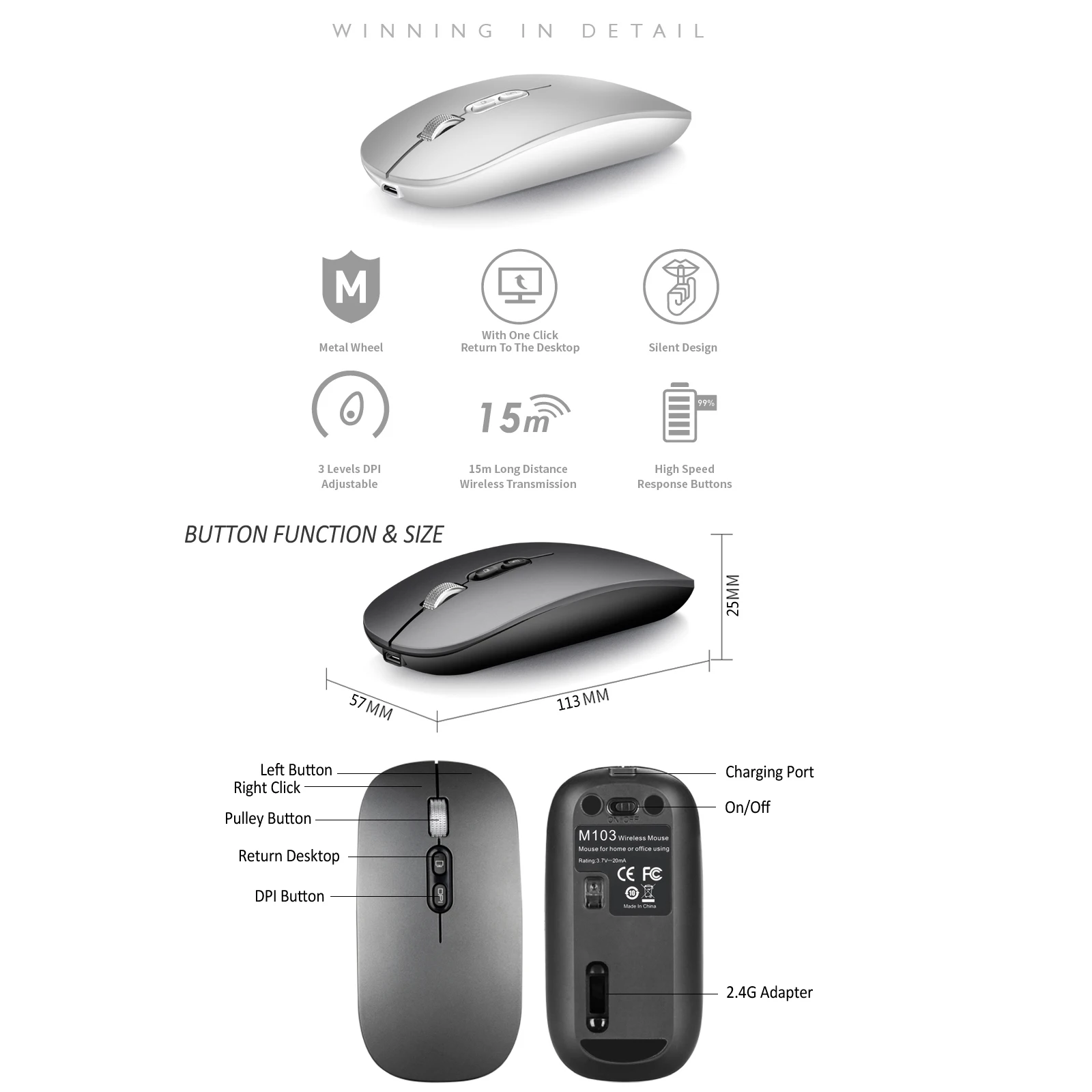 Thin M103 Rechargeable Wireless Mouse 2.4GHz Rechargeable Silent Mouse with 3 Adjustable DPI for Laptop/PC/MacBook
Thin M103 Rechargeable Wireless Mouse 2.4GHz Rechargeable Silent Mouse with 3 Adjustable DPI for Laptop/PC/MacBook