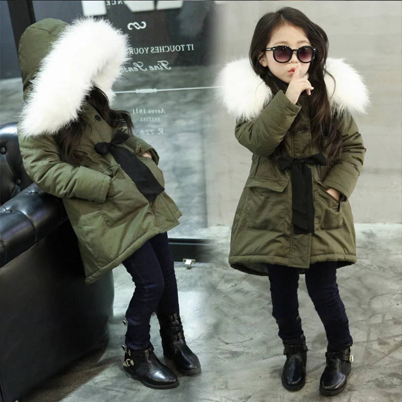 

Children baby girl leisure fashionable winter hooded cotton padded coat big furhooded collar thick warm parka snowwear armygreen