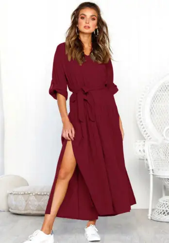 Women Ladies Long Sleeves Dress High Waist Bandage Loose Long Dress Party Beach Sundress