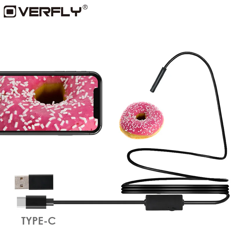 Overfly 7 мм водонепроницаемый USB C эндоскоп тип c инспекционный Borescopes 1 м Регулируемая