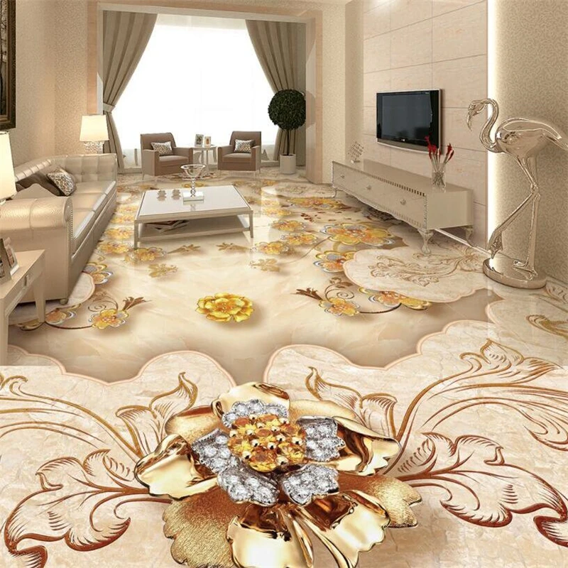 

beibehang Custom floor 3d luxury European floor painting gold rose stone pattern mosaic 3D flooring tile wall papers home decor