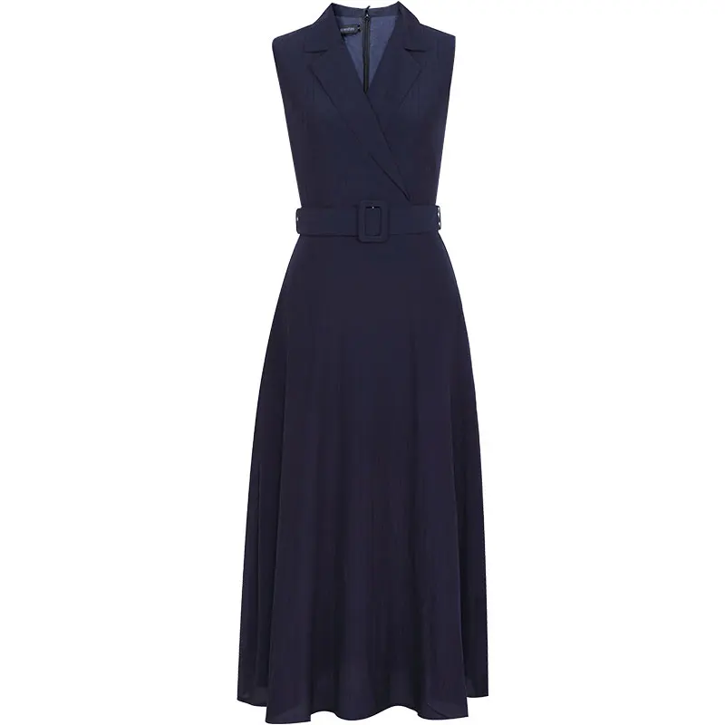 Summer Office Lady Notched Dress Navy Sleeveless Formal Fashion Designer with Belt Dress Woman RR10021
Summer Office Lady Notched Dress Navy Sleeveless Formal Fashion Designer with Belt Dress Woman RR10021