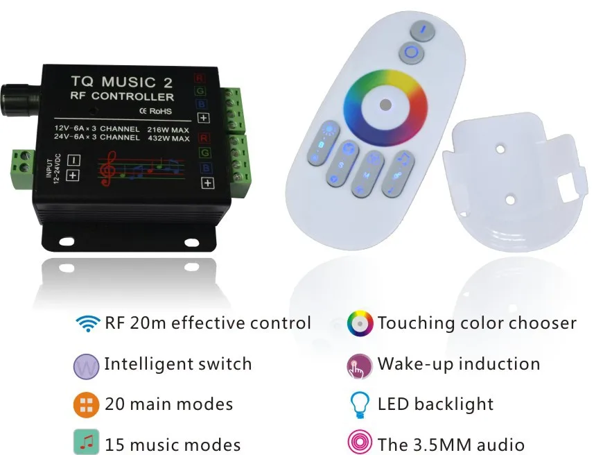 RGB светодиодный музыкальный контроллер с радиочастотным сенсорным дистанционным управлением; Стандартный вход; Выход 6 А * 3 канала
RGB светодиодный музыкальный контроллер с радиочастотным сенсорным дистанционным управлением; Стандартный вход; Выход 6 А * 3 канала