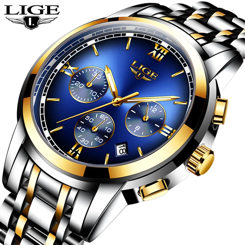 Часы Montre Homme мужские роскошный бренд LIGE хронограф спортивные часы