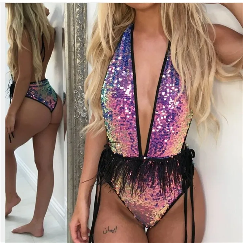 Shiny Sequins One Piece Cut Out Swimsuit Halter Lace Up Tassel Backless Bikini Sexy Tight Swimwear Trajes De Ba O Mujer 2019 | Спорт и