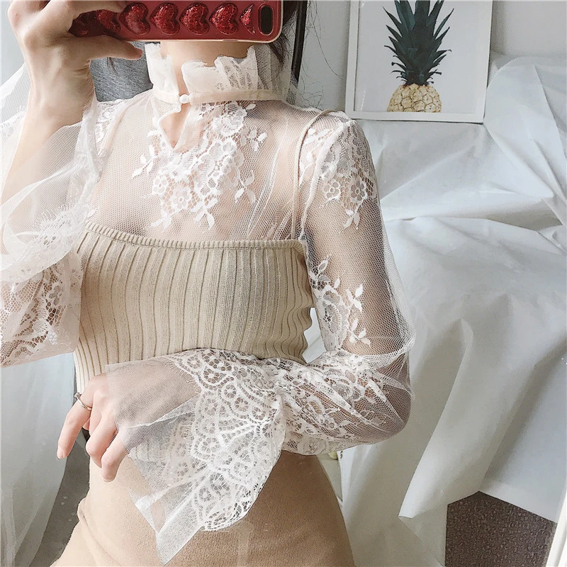 Perspective Mesh Women tops Fashion Gauze Collar Trumpet Bottoming Shirt Female Lace tops G29
Perspective Mesh Women tops Fashion Gauze Collar Trumpet Bottoming Shirt Female Lace tops G29