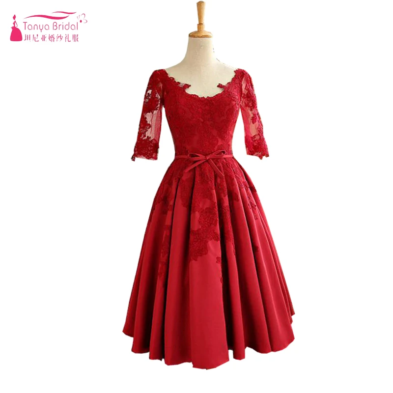 Half Sleeve Red Prom Dresses Lace Appliques Satin Knee Length Evening Formal Gowns Maid Of Honor Dress ZP056
Half Sleeve Red Prom Dresses Lace Appliques Satin Knee Length Evening Formal Gowns Maid Of Honor Dress ZP056