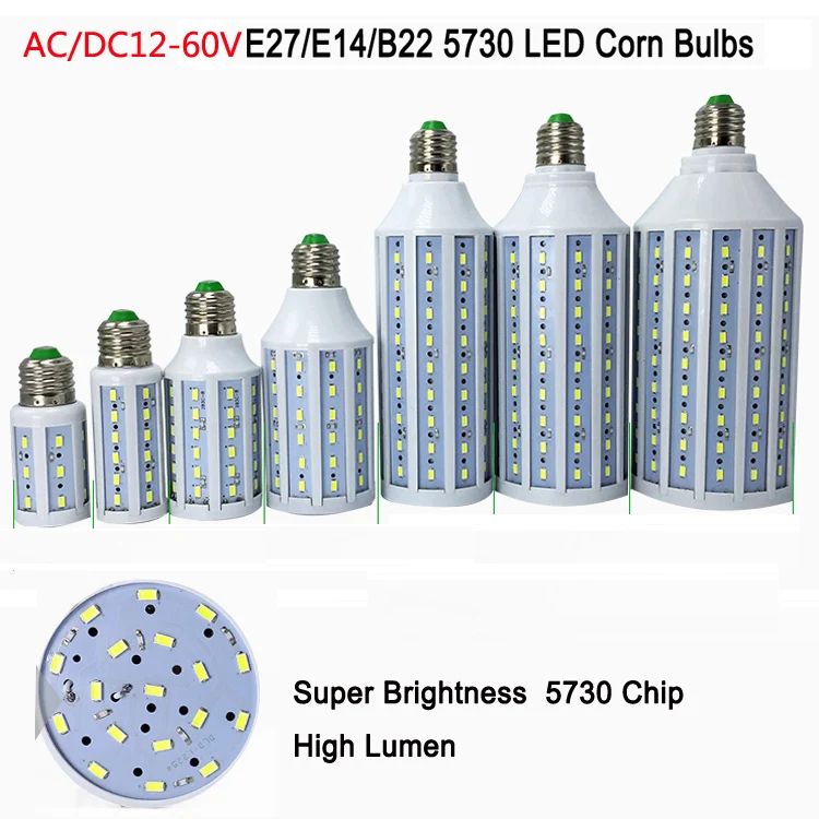 

30pcs 12V-60v 7w 10w 15w 18w 25w 30w E27 E14 B22 12v 24v 48v led corn bulb smd 5730 LED corn light warm/cool white free shipping