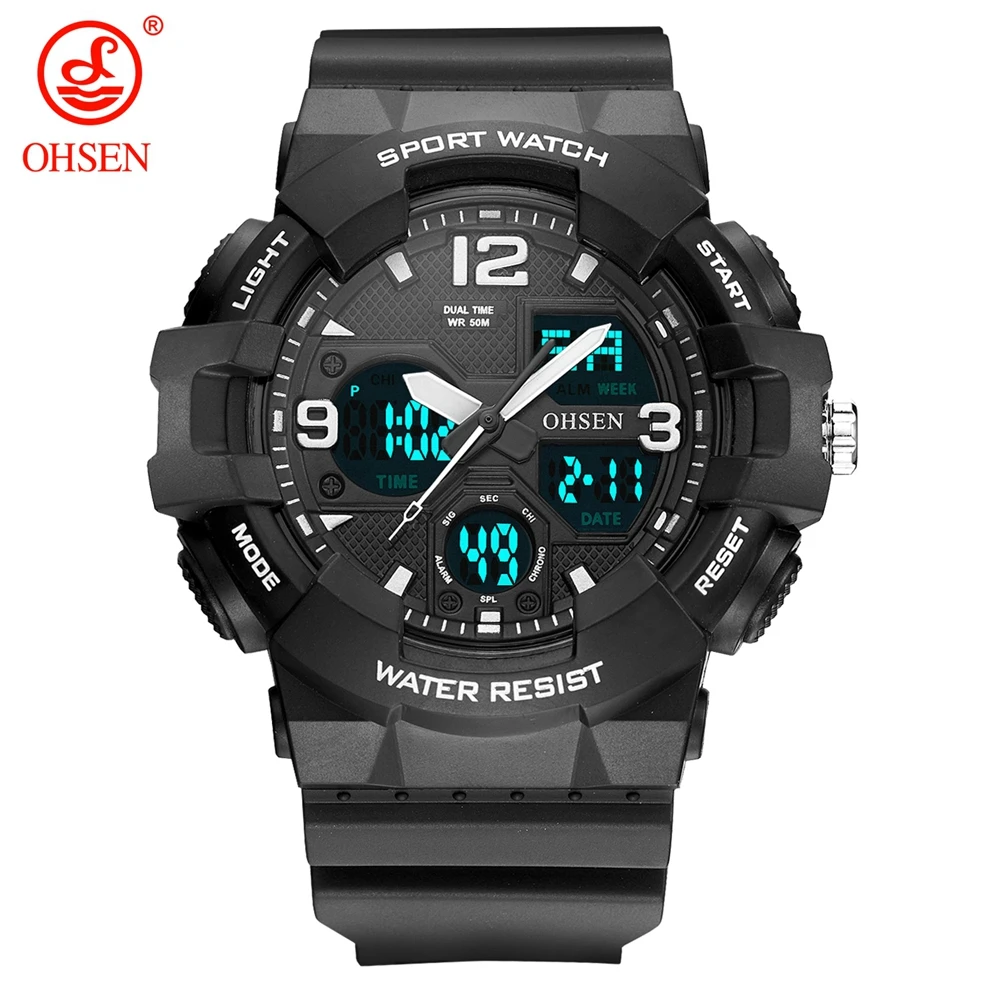 New OHSEN Black Fashion Digital Quartz Men Wristwatch Rubber strap 50M Waterproof Military LED Watches relogio masculino | Наручные часы