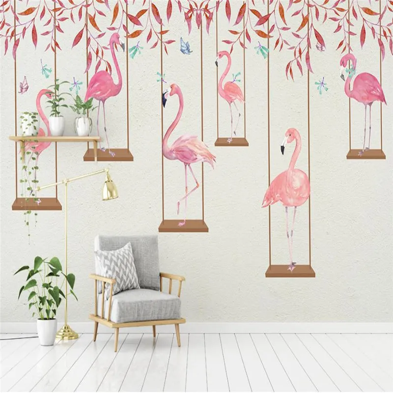 

Photo Wallpaper High Quality 3D Effect Cartoon Kids Room Wall Mural Pink Flamingo Bedroom Living Room Background Wallpaper