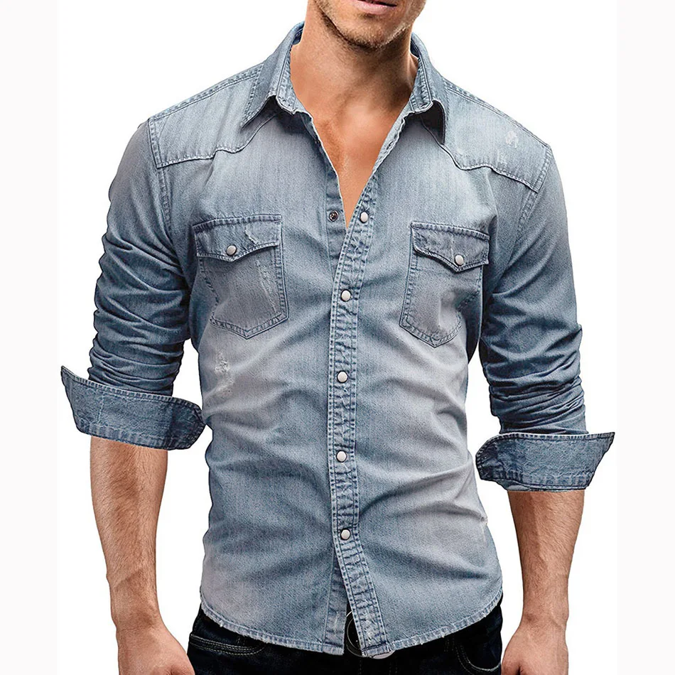 

Denim Shirt Men Cotton Jeans Shirt Fashion Autumn Slim Long Sleeve Cowboy Shirt Stylish Wash Slim Fit Tops Asian Size 3XL