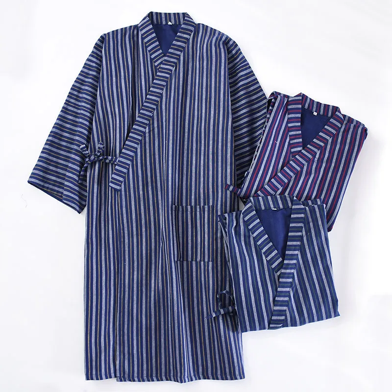 

Kimono Nightgown Japanese Cotton Gauze Pajamas Sets Thin Yukata New Vertical Stripes Men's Cardigan Robes Causal Loose Nightgown
