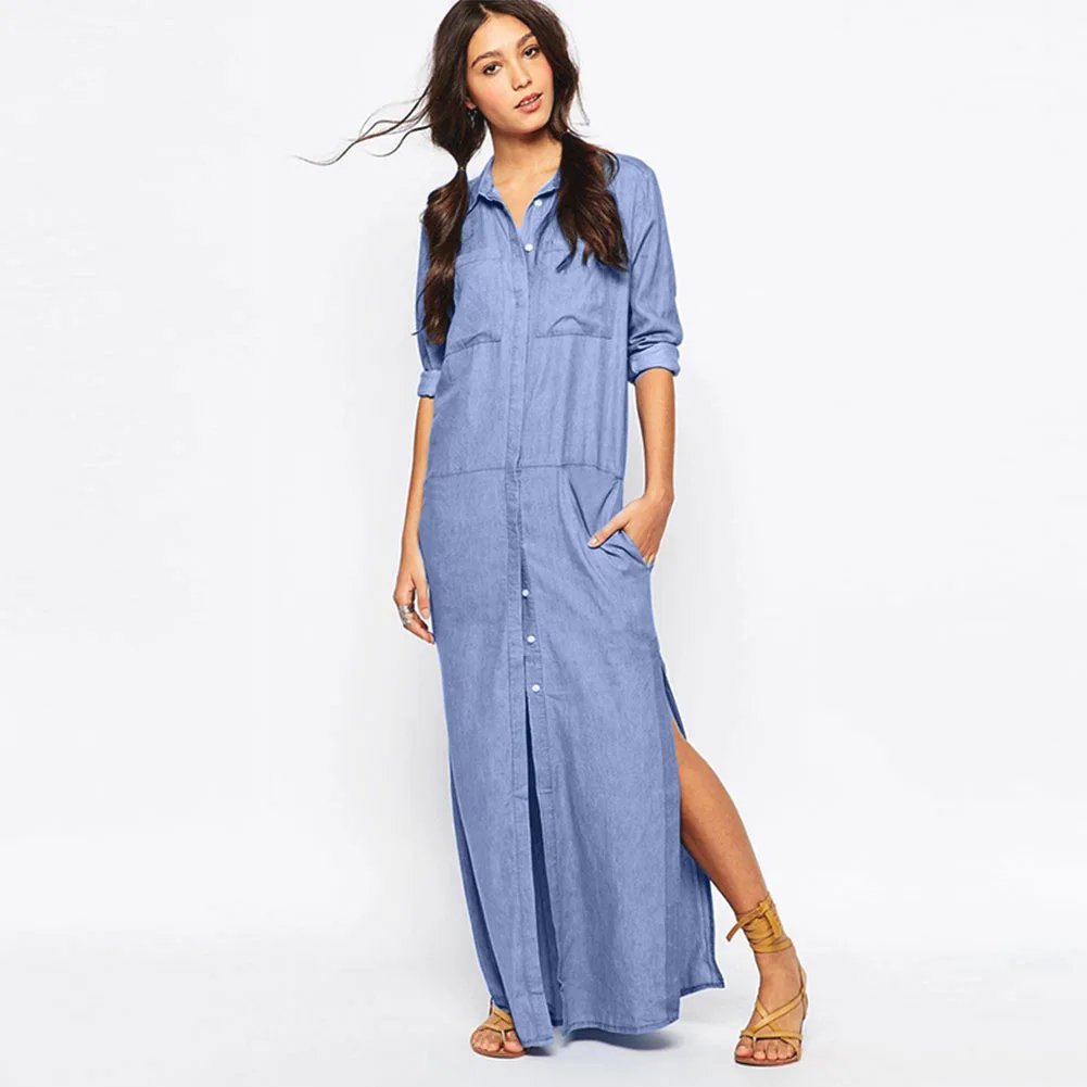 fashion high quality girl's casual denim long dress turn down collar long sleeve sexy split dress C00559
fashion high quality girl's casual denim long dress turn down collar long sleeve sexy split dress C00559