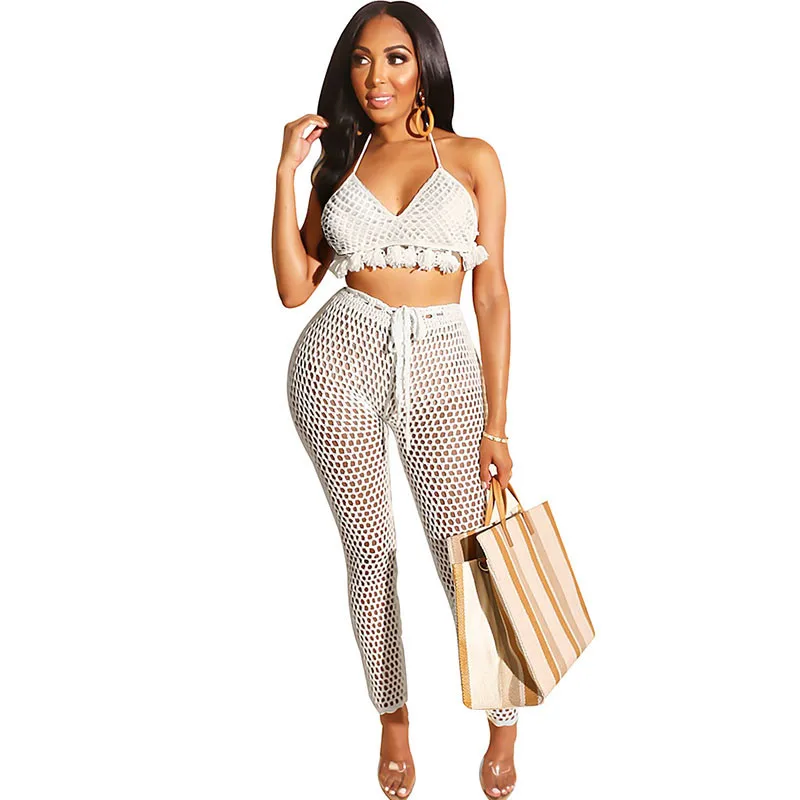 Knitted Crochet Sexy Two Piece Set Summer Women Hollow Out Halter Backless Tassel Crop Top+ See Through Pants Beach Club Outfits
Knitted Crochet Sexy Two Piece Set Summer Women Hollow Out Halter Backless Tassel Crop Top+ See Through Pants Beach Club Outfits