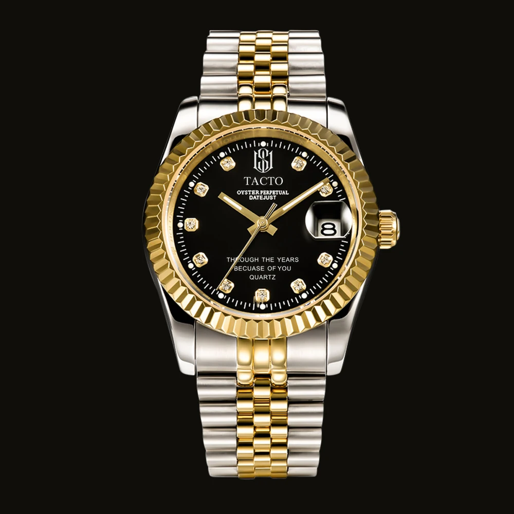 

Top brand TACTO mens watches role style watch gold diamonds quartz man watch classic steel calendar waterproof male wristwatch