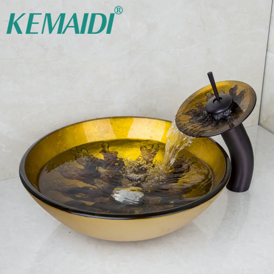 

KEMAIDI Yellow Algas Vessel Vanity Hand Painting Basin Sink Countertop Bowl Vessel Tempered Glass Basin Faucet Set Art Design