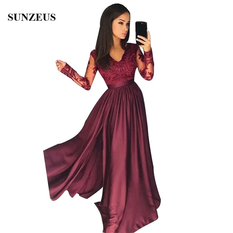 Burgundy Long Sleeve Prom Dress A-line V-neck Beaded Appliques Party Gowns Long Satin Skirt For Prom Women
Burgundy Long Sleeve Prom Dress A-line V-neck Beaded Appliques Party Gowns Long Satin Skirt For Prom Women