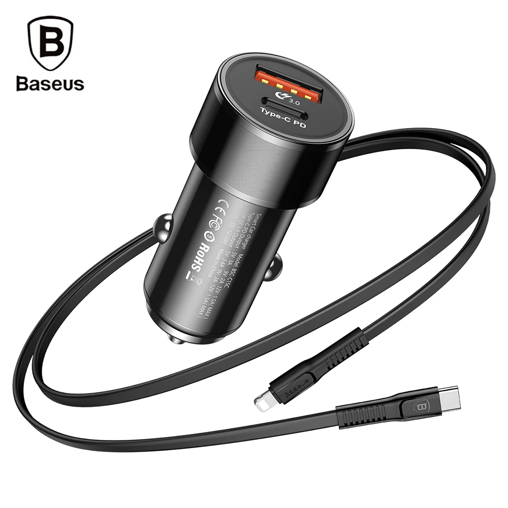 Baseus 36 Вт Тип C PD QC3.0 Quick Charge автомобильный телефон Зарядное устройство + 1 м кабель
