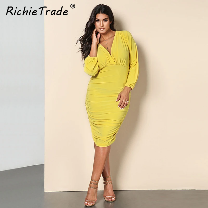 RICHIETRADE Solid Yellow V Neck Women Dress Long Sleeve Slim Plus Size Womens Dresses 2017 New Fashion Spring Woman Dress
RICHIETRADE Solid Yellow V Neck Women Dress Long Sleeve Slim Plus Size Womens Dresses 2017 New Fashion Spring Woman Dress