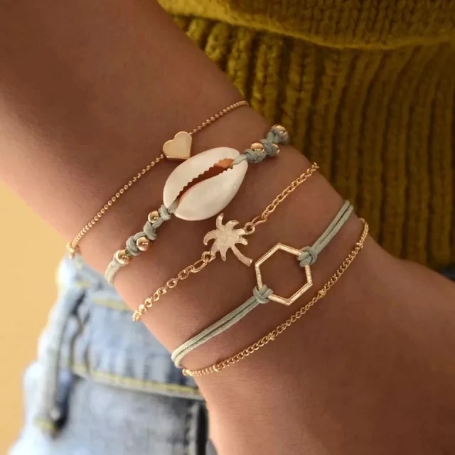 pack of 5 sweet bracelet bangle for women with alloy heart/tree and rope woven shell design mixed link chains female bransoletka
pack of 5 sweet bracelet bangle for women with alloy heart/tree and rope woven shell design mixed link chains female bransoletka