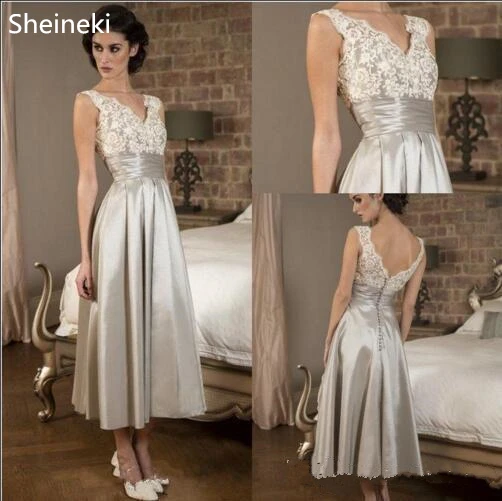Gorgeous V Neck Lace Applique Mother Of the Bride Dresses Sleeveless Satin A Line Tea Length Evening Dress robe de mariee
Gorgeous V Neck Lace Applique Mother Of the Bride Dresses Sleeveless Satin A Line Tea Length Evening Dress robe de mariee