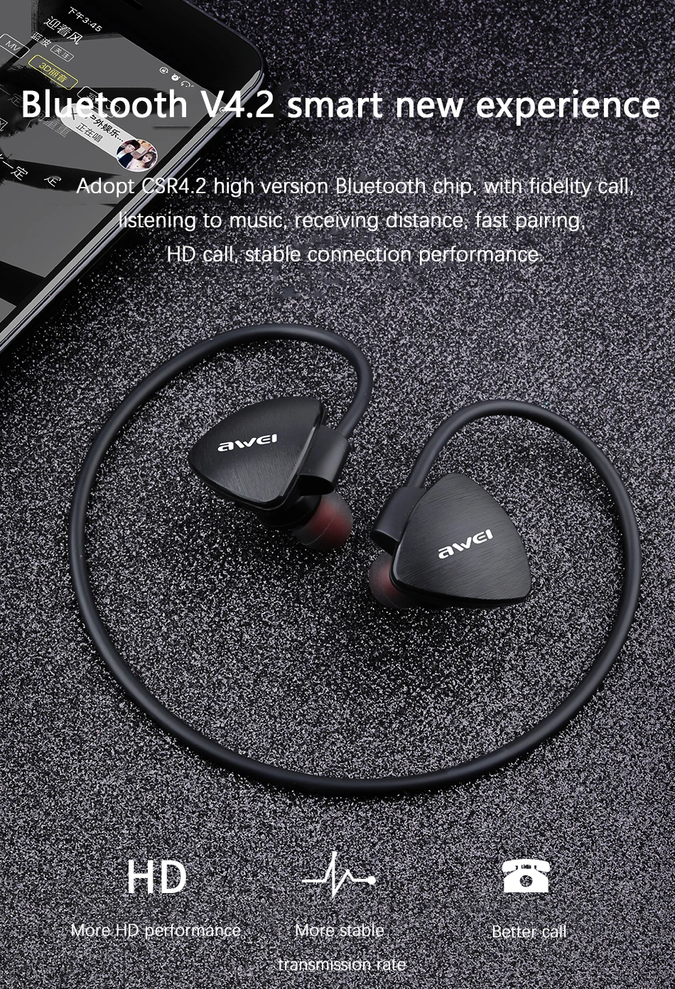 AWEI A847BL Wireless Earphones sports bluetooth headset with mic stereo music waterproof Earphone Noise canceling headphones
AWEI A847BL Wireless Earphones sports bluetooth headset with mic stereo music waterproof Earphone Noise canceling headphones